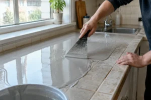 rénovation d'une cuisine en train de recouvrir carrelage plan de travail avec un enduit lisse