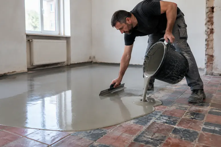 Artisan versant du mortier autolissant pour ragréer un sol avant de renover carrelage