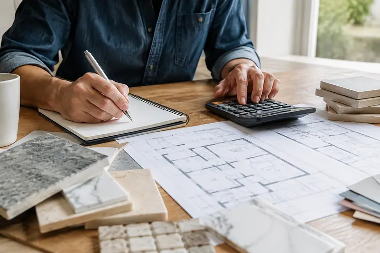 Personne calculant le budget pour renover carrelage avec des échantillons et des plans