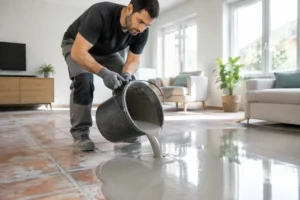 Artisan versant du mortier sur un ancien sol pour renover carrelage