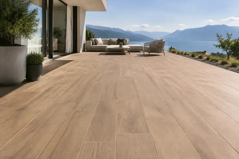 Terrasse aménagée avec un grand carrelage extérieur imitation bois en format lames longues